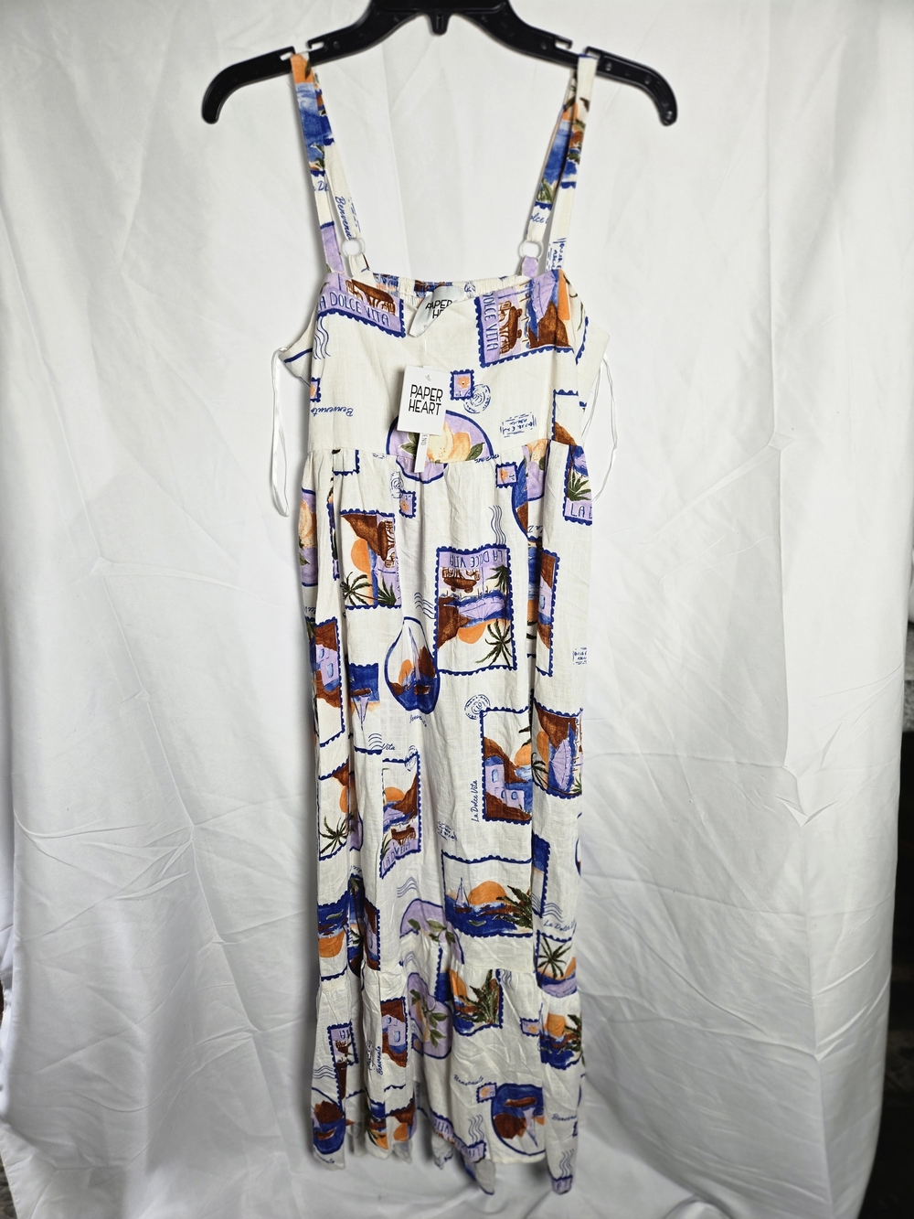 Paper Heart Cream Maxi Dress with Blue, Orange & Purple Print